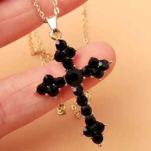 Elegant Black Crystal Cross Pendant Necklace
